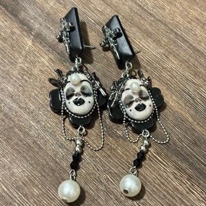 Black and Silver Dangle Gothic Earrings with Pearl Accents